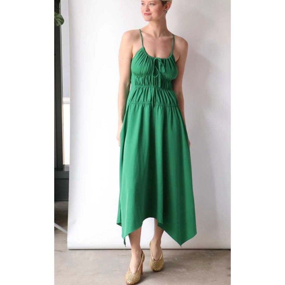 Proenza Schouler Ruched Green Midi Handkerchief Hem Dress in Green sz 6